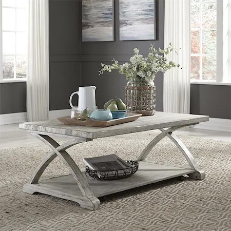 Rustic Cocktail Table with Bottom Shelf and Casters